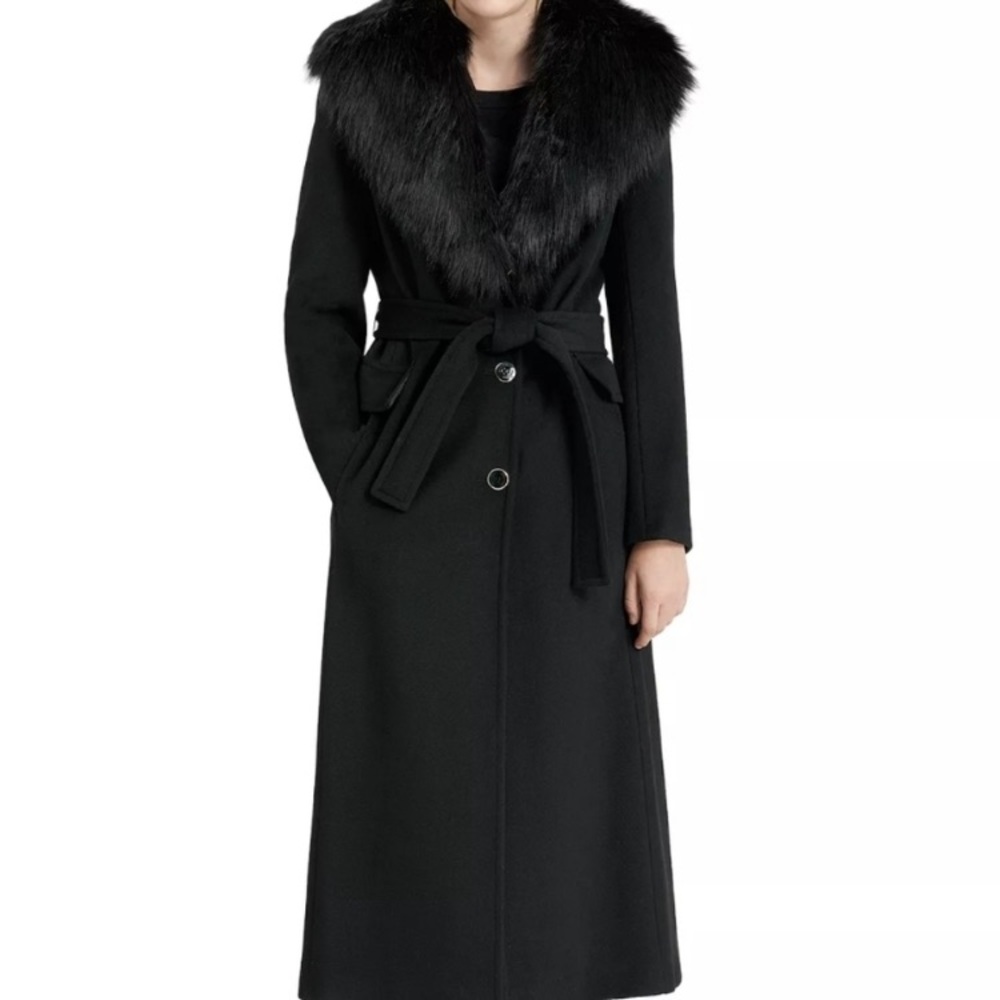 Calvin Klein black, wool, coat with removable faux fur collar.